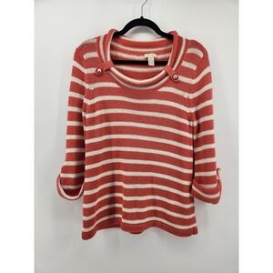 Chico's Women's Striped‎ Roll Tab Sleeve Sweater Nautical Coral White 1 / US M